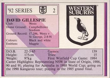 1992 Regina NSW Rugby League #2 David Gillespie Back